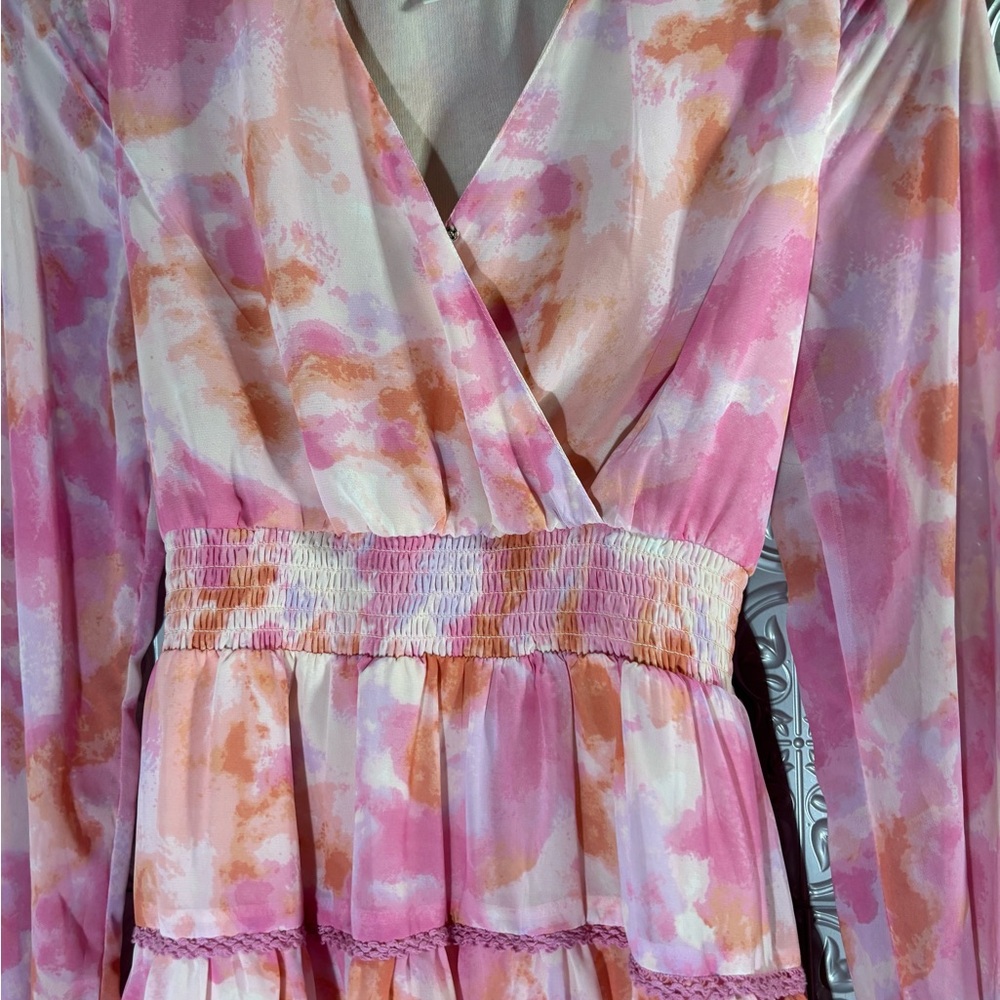 Japna Pink Long Sleeve Mini Ruffle Dress Spring Pastel tie back belt resortwear - Picture 4 of 7